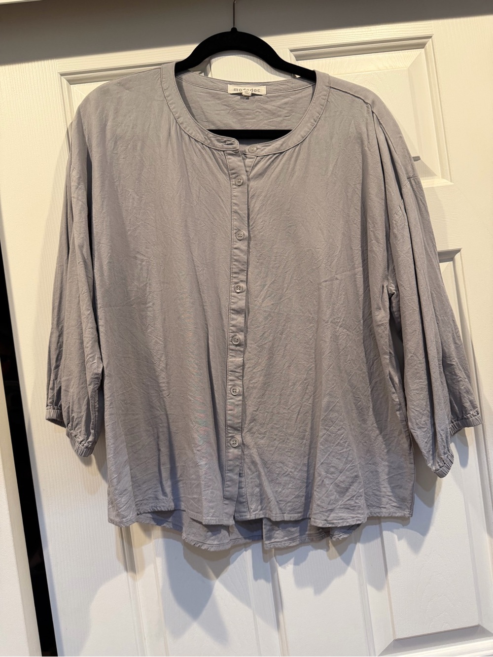 Mododoc Round-Neck Button-Front Blouse in Soft Gray